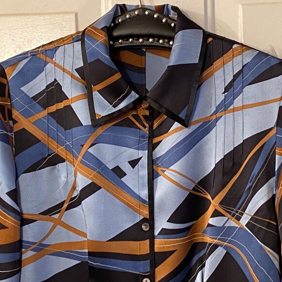NWT i.e. Womens 100% Silk Blouse Shirt Sz 8 (M) 3/4 Sleeve Blue/Brown Abstract - Picture 2 of 11